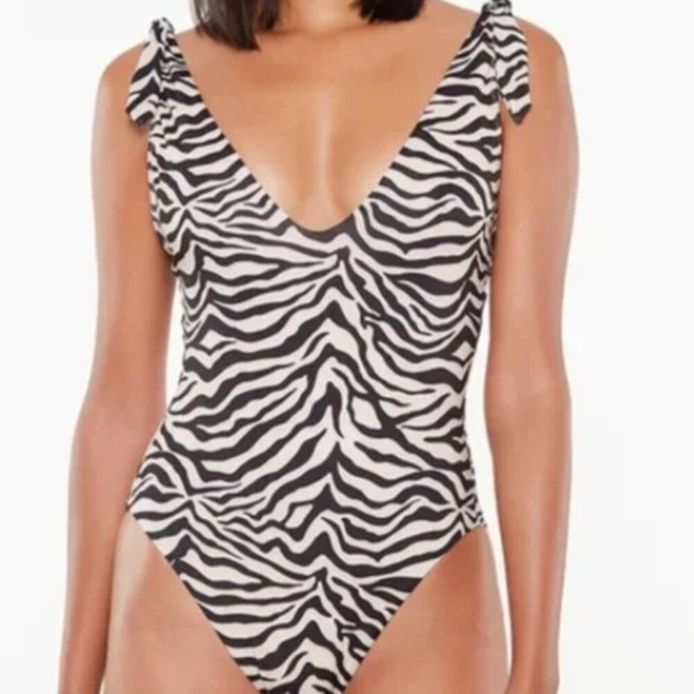 NWT Anthropologie Sanctuary Scoop-Neck One-Piece Zebra Print Swimsuit L